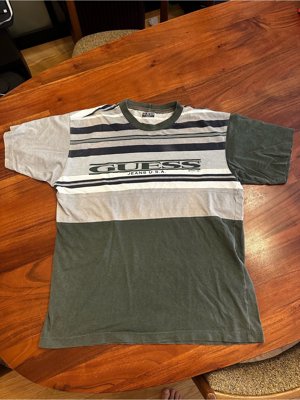 Vintage 1995 Guess Striped Colorblock Tee in Olive Green & Light Gray